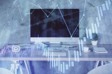 Finansal grafik çizimi ve ofis içi arka planının çoklu pozu. Pazar analizi kavramı.