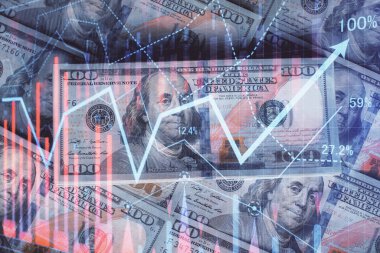 Forx grafiğinin çok sayıda görüntüsü bize dolar banknotları arka planında görünüyor. Finansal başarı piyasası kavramı.