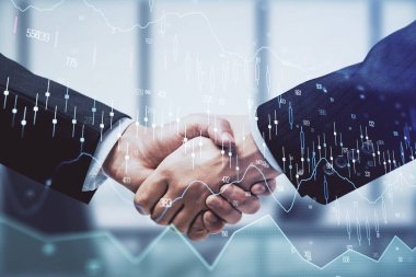 Forx grafik hologramı ve iki adamın el sıkışması. Borsa konsepti.