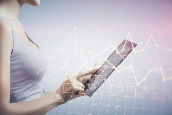 Dvojité vystavení forex chart náčrtu hologram a žena drží a pomocí mobilního zařízení. Koncept finančního trhu. — Stock fotografie