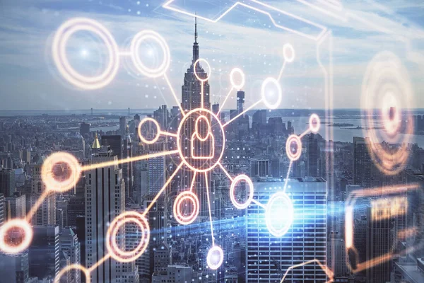 Sosyal ağ tema çizimi ve şehir manzarası arka planına çift pozlama. Bağlantı insanları kavramı.