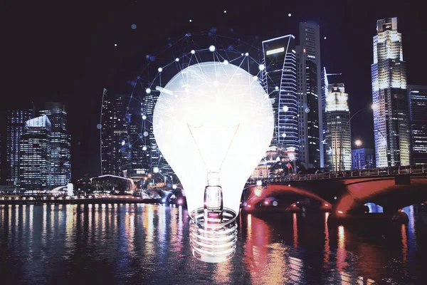 Multi exponering av glödlampa hologram ritning och stadsbild bakgrund. Begreppet idé. — Stockfoto