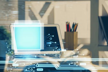 Arka planda kişisel bilgisayarı ve teknik tema çizimi olan iki kat masaüstü görüntüsü. Veri analizi kavramı.