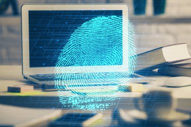 Ofisteki bilgisayarın parmak izi çizimi. Çifte maruziyet. İş veri güvenliği kavramı.