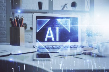 Masaüstü bilgisayar ve teknoloji temalı holograma çoklu maruz kalma. Yazılım geliştirme kavramı.