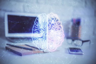 Bilgisayar ve insan beyin hologramıyla çalışma alanının çoklu açığı. Beyin fırtınası konsepti.