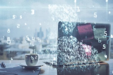 Bilgisayar ve teknoloji temalı holograma çifte maruz kalma. Serbest çalışma kavramı.