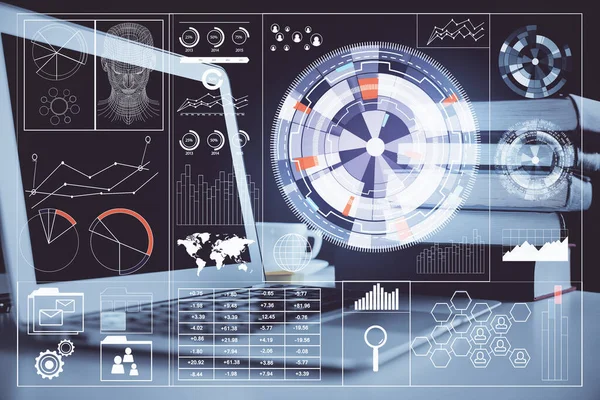 Podwójna ekspozycja pulpitu z komputera osobistego na tle i rysunku tematu technicznego. Pojęcie Bigdata. — Zdjęcie stockowe