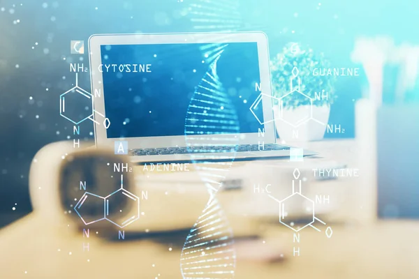 데스크톱 컴퓨터 배경과 DNA 그 리기입니다. 두 번 노출. 과학 개념. — 스톡 사진