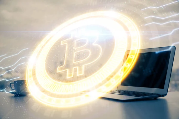 Doble exposición de la cadena de bloques tema holograma y tabla con fondo de la computadora. Concepto de moneda criptomoneda bitcoin. — Foto de Stock