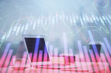 Bilgisayar geçmişi olan eski grafik hologramı. Çoklu maruz kalma. Finans piyasası kavramı.