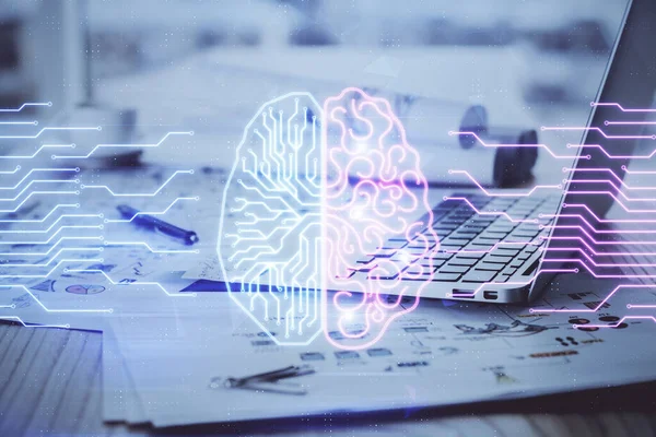 Multi exposition de la table de travail avec ordinateur et hologramme cérébral. Concept de brainstorming. — Photo