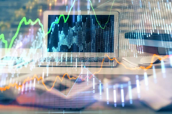 Gráfico financeiro desenho colorido e tabela com computador no fundo. Exposição múltipla. Conceito de mercados internacionais. — Fotografia de Stock