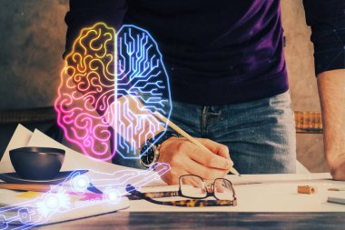 Haman beyin çoklu pozlama simgesi ve erkek eli arka planı.