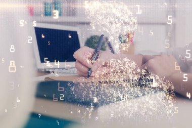 Teknik temalı hologram kadınların ellerinden üstündür. Yüksek teknoloji kavramı. Çift pozlama