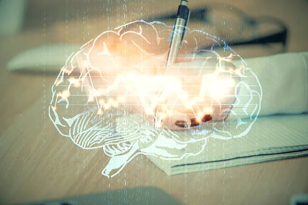 Mehrfachbelichtung von Frauen beim Schreiben von Hand auf Hintergrund mit Gehirn-Hologramm. Konzept des Brainstormings. — Stockfoto