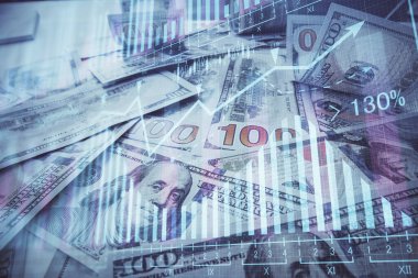 Forx grafiğinin çok sayıda görüntüsü bize dolar banknotları arka planında görünüyor. Finansal başarı piyasası kavramı.