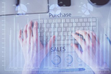 Dizüstü bilgisayar klavyesini ve ön x çizim hologramını yazarken çift pozlama. Üst Manzara. Finans piyasası kavramı.