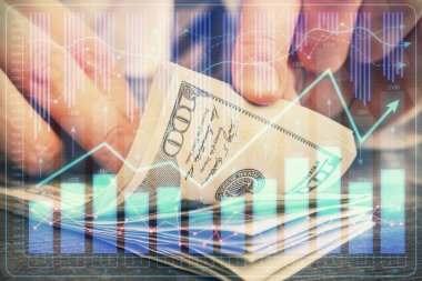 Forx grafiği, hologram, Amerikan dolarları ve insan eli çizimleri. Teknik Analiz kavramı.