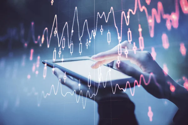 Double exposure of forex chart sketch hologram and woman holding and using a mobile device. Financial market concept.