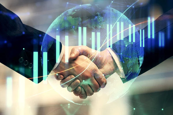 Double exposure of forex graph hologram and handshake of two men. Stock market concept. — Stock Photo, Image