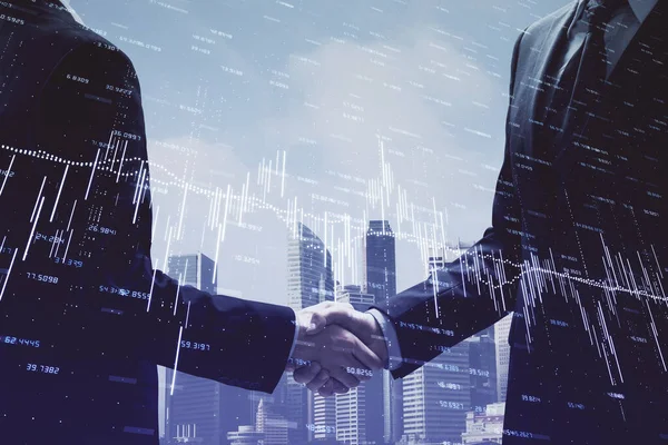 Double exposure of forex graph hologram and handshake of two men. Stock market concept. — Stock Photo, Image