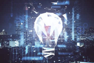 Ampul hologram çizimine ve şehir manzarasına çoklu maruz kalma. Fikir kavramı.