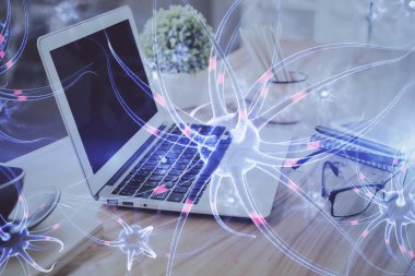 Masaüstü bilgisayar arkaplanı ve nöron çizimi. Çifte maruziyet. Eğitim kavramı.