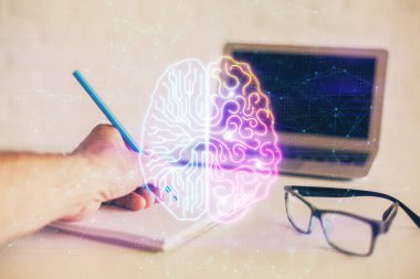 Çoklu pozlama beyin teması simgelerine sahip bir adam.