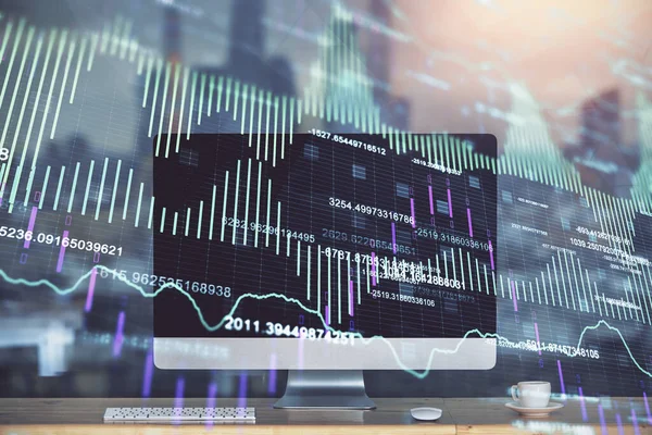 Finanzgrafik bunte Zeichnung und Tabelle mit Computer auf dem Hintergrund. Doppelbelichtung. Konzept der internationalen Märkte. — Stockfoto