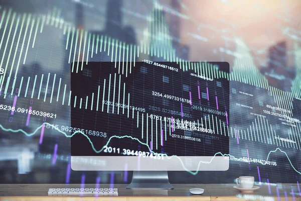 Financial graph colorful drawing and table with computer on background. Double exposure. Concept of international markets. — Stock Photo, Image