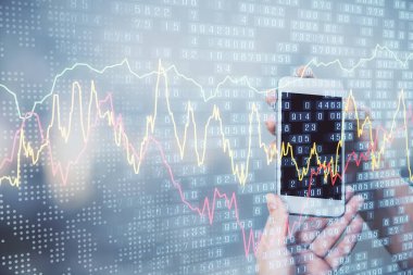 Ön x grafik çizimine çift pozlama hologram ve cep telefonu kullanan bir kadın. Borsa konsepti.