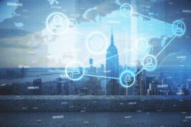 Sosyal ağ tema çizimi ve şehir manzarası arka planına çift pozlama. Bağlantı insanları kavramı.