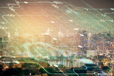 Veri temalı hologram gökdelenlerin arka planında çift pozlama ile şehir görünümüne çizim yapıyor. Ai kavramı.