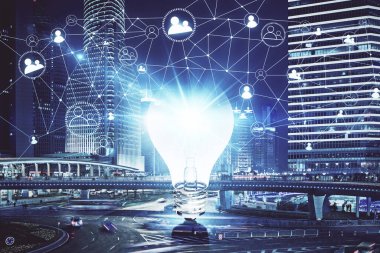 Ampul hologram çizimine ve şehir manzarasına çoklu maruz kalma. Fikir kavramı.