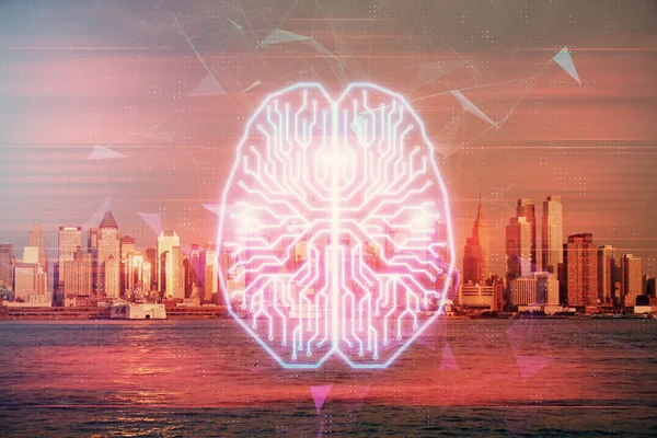 Şehrin arka planında çoklu maruz kalma üzerine beyin hologramı çizimi. Modern şehir konseptinde. — Stok fotoğraf