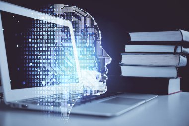 Bilgisayar ve insan beyninin hologram çizdiği çalışma alanının iki katına çıkarılması. Beyin fırtınası konsepti.