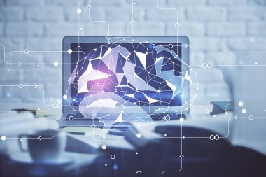 Bilgisayar ve insan beyninin hologram çizdiği çalışma alanının iki katına çıkarılması. Beyin fırtınası konsepti.