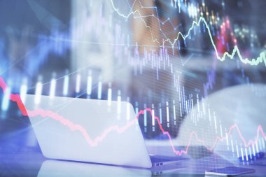 Bilgisayar geçmişi olan eski grafik hologramı. Çoklu maruz kalma. Finans piyasası kavramı.