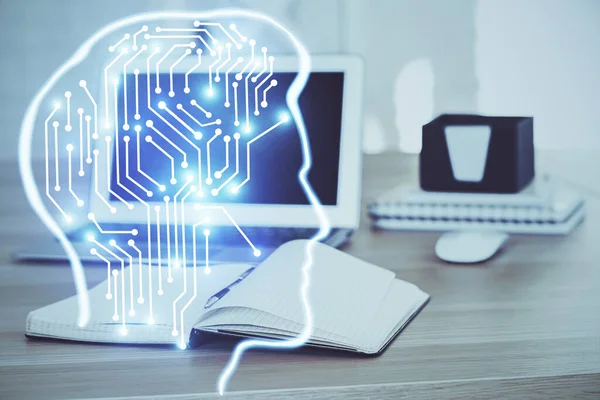 Bilgisayar ve insan beyin hologramıyla çalışma alanının çoklu açığı. Beyin fırtınası konsepti. — Stok fotoğraf