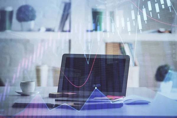 Forex Chart hologram on table with computer background. 두 번 노출. 금융 시장의 개념. — 스톡 사진