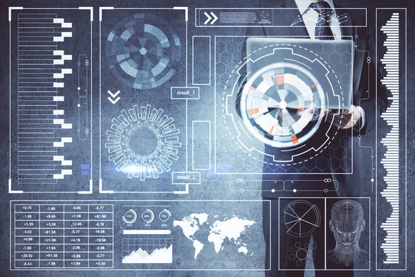 Dubbel exponering av data internet tema hologram med mannen som arbetar på datorn på bakgrunden. Begreppet innovation. — Stockfoto