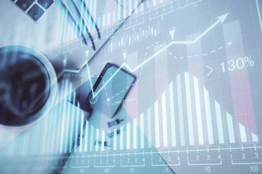 Bilgisayarla masaüstü arkaplanı üzerinde ön x grafik çizimi çift pozlama. Finansal analiz kavramı. Üst görünüm.