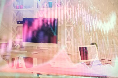 Finansal grafik çizimine ve ofis içi arka planına çifte maruz kalma. Borsa konsepti.