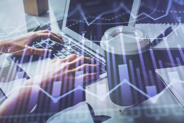 Bilgisayarda ve ön x grafik hologram çiziminde kadın eli yazarken çift pozlama. Borsa yatırım kavramı.