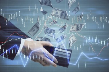 Finansal grafiğe çoklu pozlama hologram, Amerikan dolarları ve insan eli. Analiz kavramı.