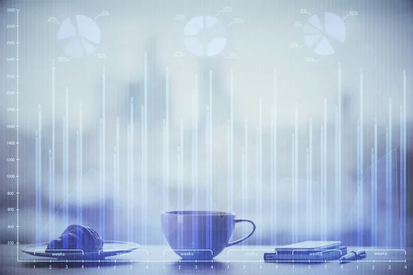 Doppelbelichtung des Devisendiagramms über Kaffeetasse Hintergrund im Büro. Konzept der Finanzanalyse und des Erfolgs. — Stockfoto