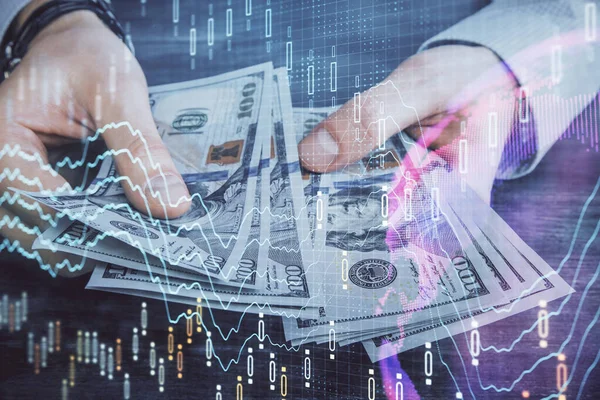 Multi exponering av finansiella diagram rita hologram och USA dollar räkningar och manshänder. Analyskoncept. — Stockfoto