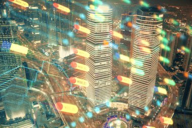 Veri temalı hologram gökdelenler arka planda çoklu pozlama ile şehir görünümüne çizim yapıyor. Ai kavramı.