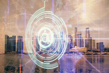 Veri temalı hologram gökdelenler arka planda çoklu pozlama ile şehir görünümüne çizim yapıyor. Büyük veri kavramı.